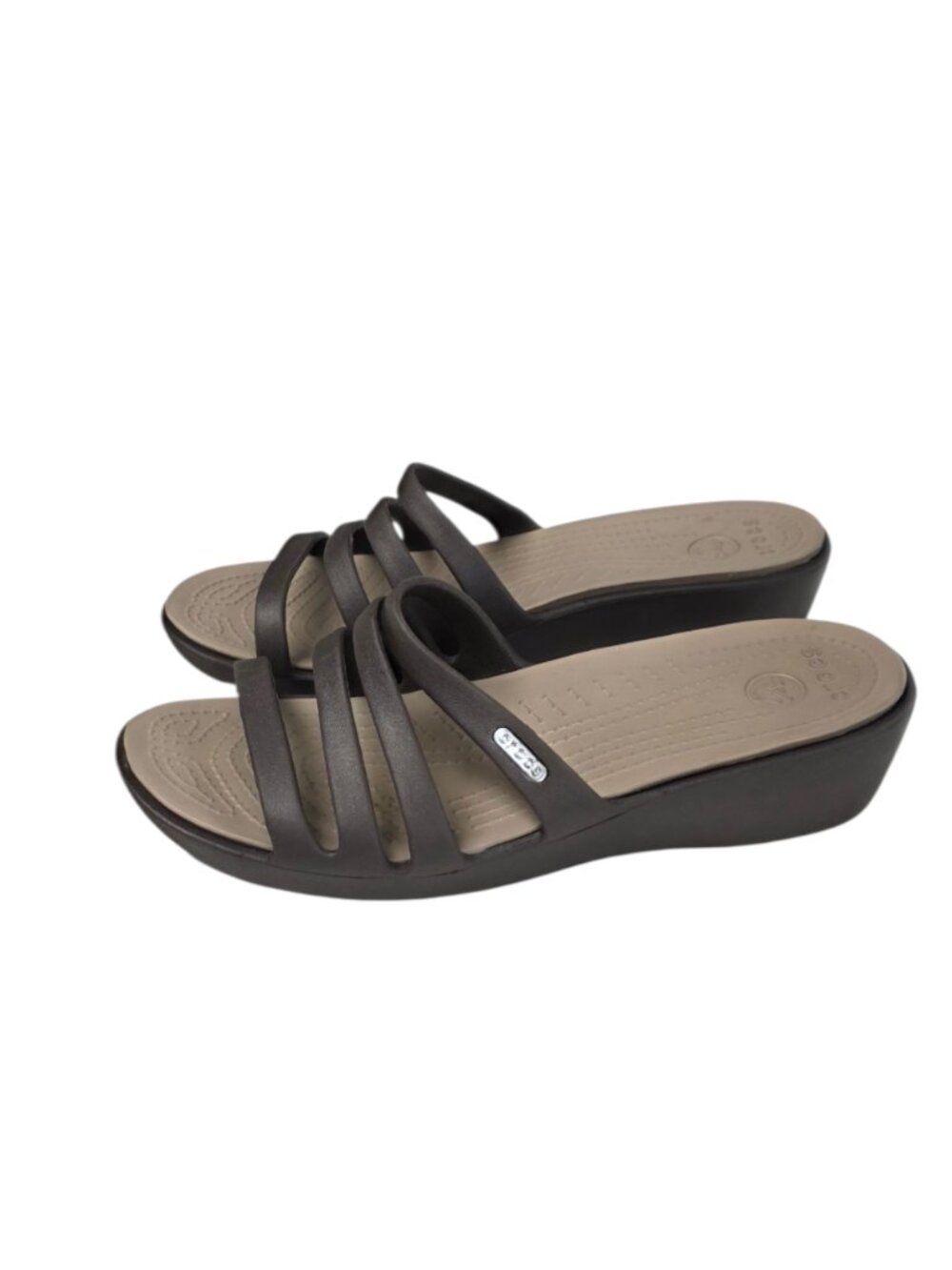 CROCS Rhonda Wedge Sandals, Slip On, Rubber, Brown, Strappy, Comfort, Size 9
